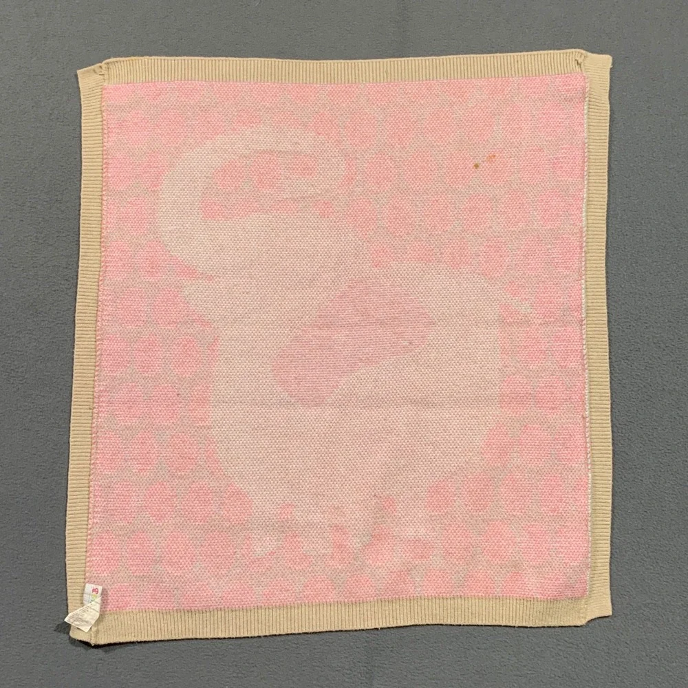 NYGB Pink Elephant Polka Dot Knit Baby Blanket Tan Ribbed‎ Trim 30x26 Nursery